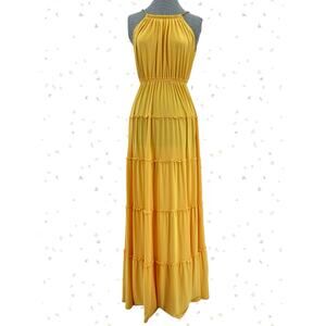 T-Bags LA Yellow Maxi Dress Goddess Gold Rope Tiered Long Beach Gown Size S